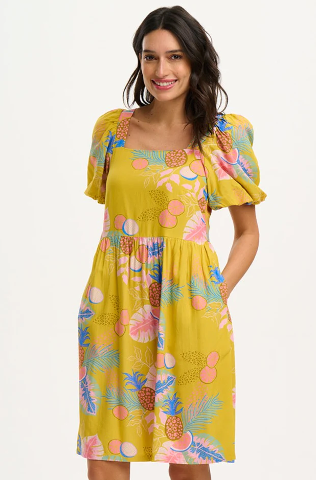 LILOU DRESS IN YELLOW, TROPICAL FRUITS