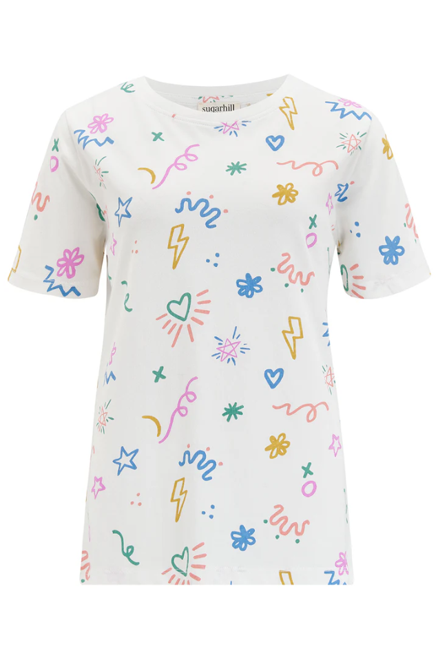 MAGGIE T-SHIRT IN OFF-WHITE, DOODLE PRINT