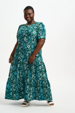 PORTIA BATIK MAXI TIERED DRESS IN TEAL GREEN, PAINTED FLORAL