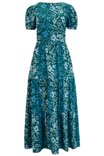 PORTIA BATIK MAXI TIERED DRESS IN TEAL GREEN, PAINTED FLORAL