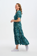 PORTIA BATIK MAXI TIERED DRESS IN TEAL GREEN, PAINTED FLORAL