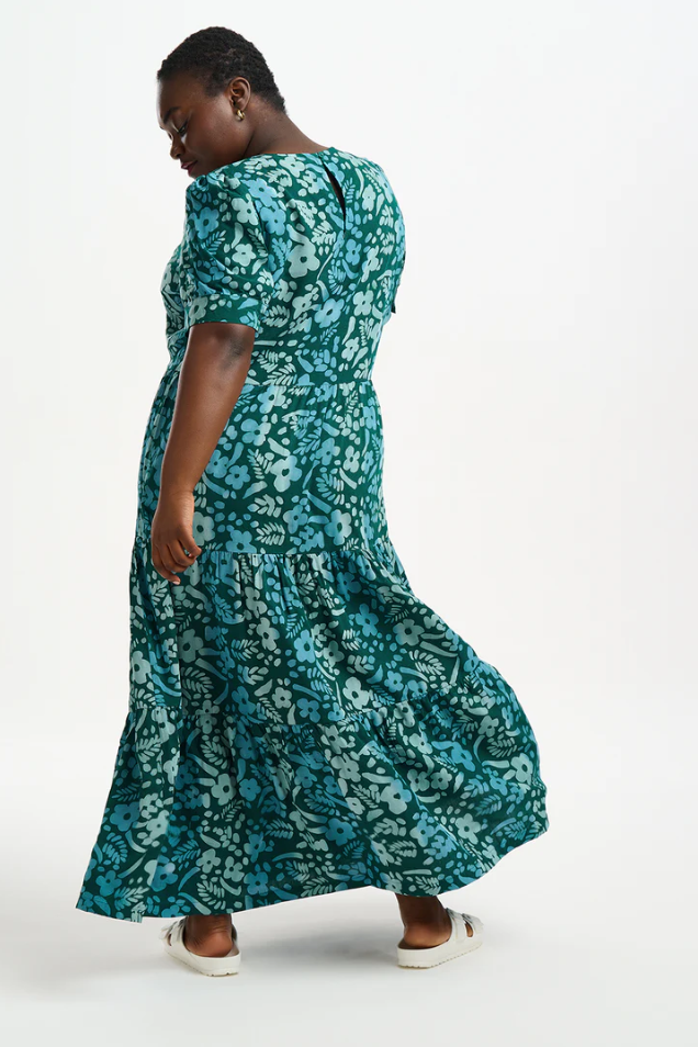 PORTIA BATIK MAXI TIERED DRESS IN TEAL GREEN, PAINTED FLORAL