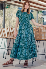 PORTIA BATIK MAXI TIERED DRESS IN TEAL GREEN, PAINTED FLORAL