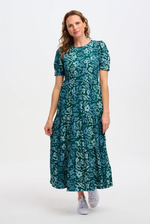 PORTIA BATIK MAXI TIERED DRESS IN TEAL GREEN, PAINTED FLORAL