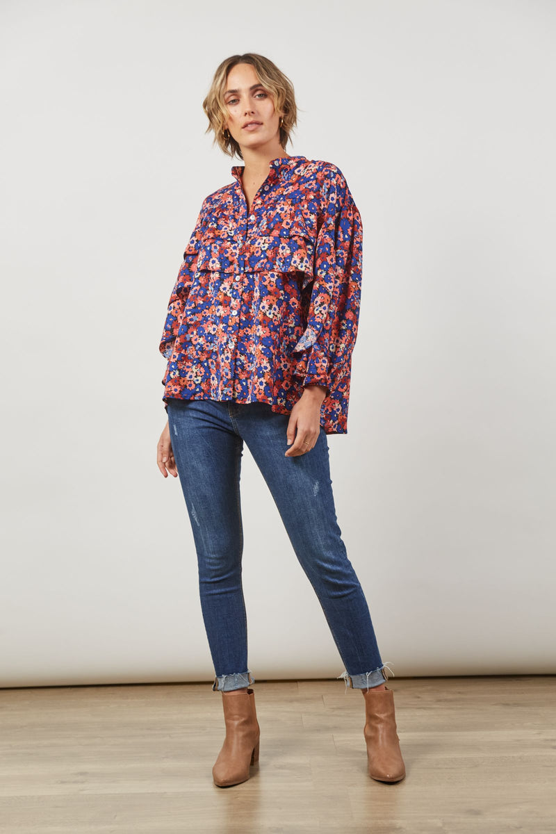 ROMANCE RUFFLE BLOUSE - AZURE BLOOM