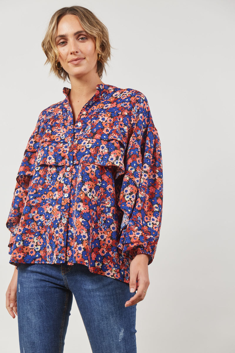 ROMANCE RUFFLE BLOUSE - AZURE BLOOM