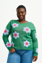 ROWENA JUMPER IN GREEN, RETRO FLOWERS