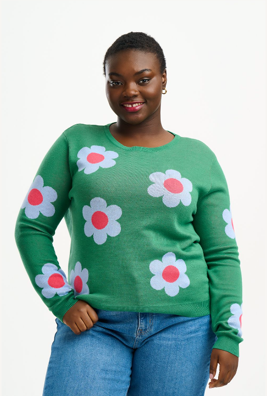 ROWENA JUMPER IN GREEN, RETRO FLOWERS