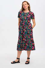 UNNA JERSEY MIDI SMOCK DRESS IN BLACK, TIGERS & TOUCANS