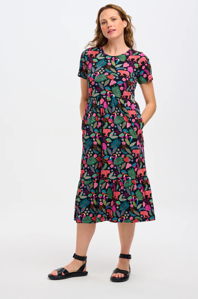 UNNA JERSEY MIDI SMOCK DRESS IN BLACK, TIGERS & TOUCANS