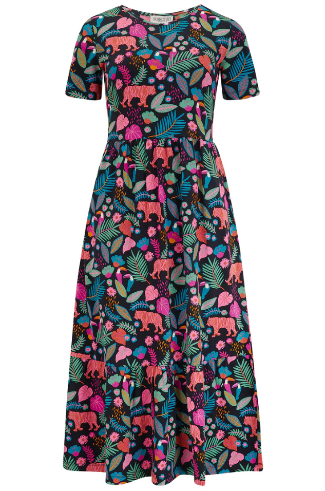 UNNA JERSEY MIDI SMOCK DRESS IN BLACK, TIGERS & TOUCANS