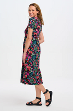 UNNA JERSEY MIDI SMOCK DRESS IN BLACK, TIGERS & TOUCANS