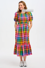 YOLANDA MIDI SHIRRED DRESS IN MULTI, SUMMER RAINBOW CHECK