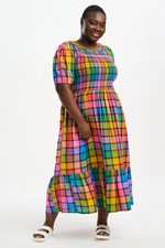 YOLANDA MIDI SHIRRED DRESS IN MULTI, SUMMER RAINBOW CHECK