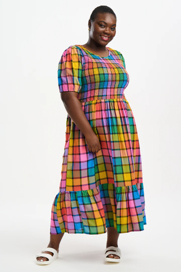 YOLANDA MIDI SHIRRED DRESS IN MULTI, SUMMER RAINBOW CHECK