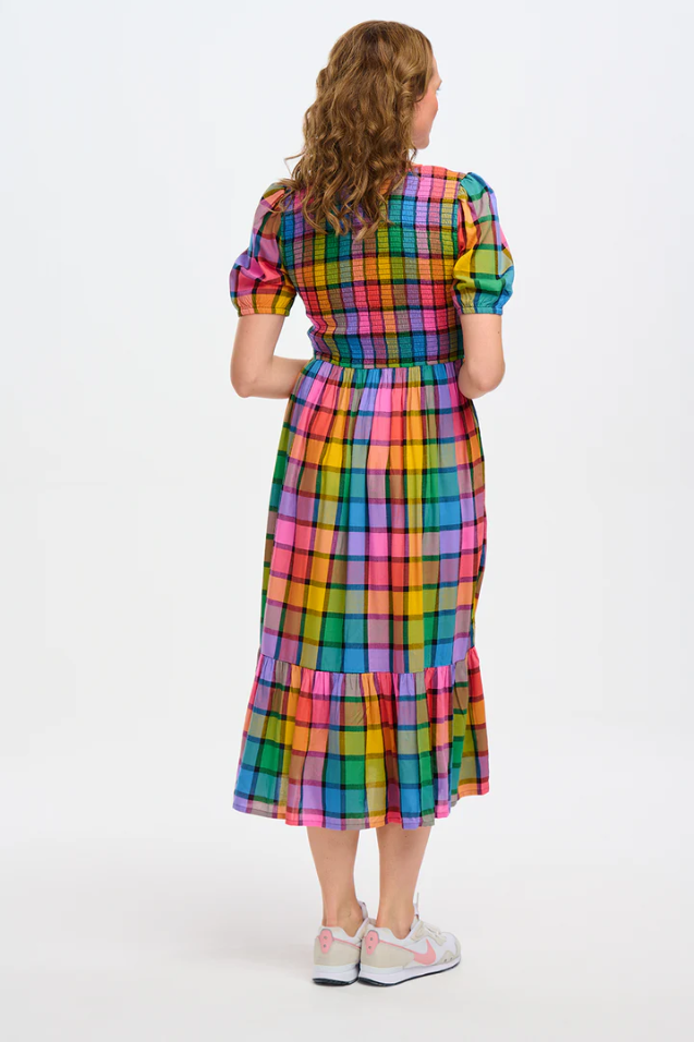 YOLANDA MIDI SHIRRED DRESS IN MULTI, SUMMER RAINBOW CHECK