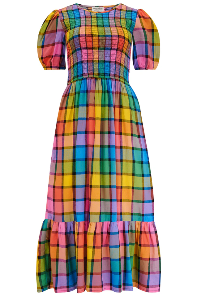 YOLANDA MIDI SHIRRED DRESS IN MULTI, SUMMER RAINBOW CHECK