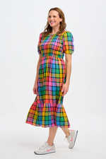 YOLANDA MIDI SHIRRED DRESS IN MULTI, SUMMER RAINBOW CHECK