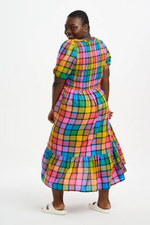 YOLANDA MIDI SHIRRED DRESS IN MULTI, SUMMER RAINBOW CHECK