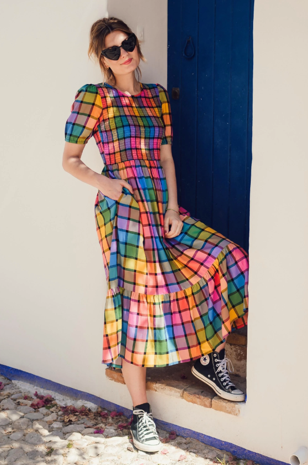 YOLANDA MIDI SHIRRED DRESS IN MULTI, SUMMER RAINBOW CHECK